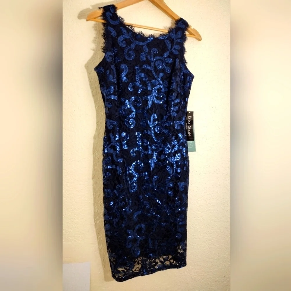 Blu Sage Blue Sequined Sleeveless Midi Dress NWT - Picture 3 of 7
